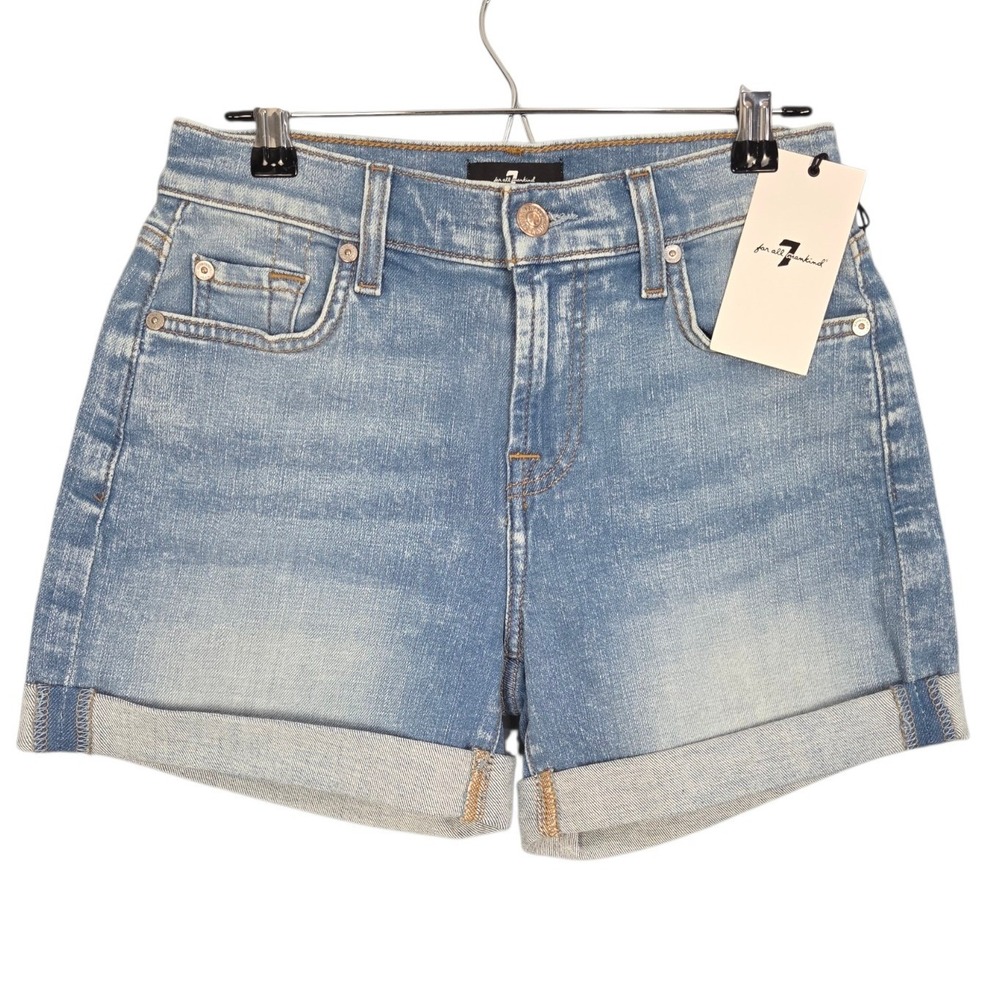7 For All Mankind Mid Roll Shorts Women Size 23 3.5" Inseam Blue Light Wash NEW